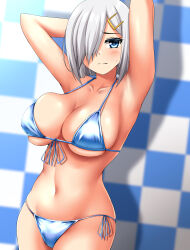 Rule 34 | 1girl, absurdres, armpits, arms behind head, bikini, blue bikini, blue eyes, breasts, checkered background, cleavage, commission, covered navel, cowboy shot, embarrassed, front-tie bikini top, front-tie top, grey hair, hair ornament, hair over one eye, hairclip, hamakaze (kancolle), highres, kantai collection, large breasts, pixiv commission, short hair, side-tie bikini bottom, sofmap background, solo, step and repeat, swimsuit, zanntetu