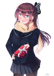 Rule 34 | 1girl, black pantyhose, blue eyes, blue jacket, blue skirt, blush, brown hair, dot nose, ear blush, gift, hair between eyes, hair ribbon, highres, holding, holding gift, jacket, long sleeves, looking at viewer, mole, mole under eye, open mouth, original, pantyhose, pleated skirt, ribbon, scarf, signature, simple background, skirt, solo, striped ribbon, teeth, tongue, upper teeth only, valentine, white background, yellow scarf, yukai nao