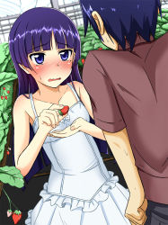 Rule 34 | 1boy, 1girl, bare shoulders, black hair, blue eyes, blunt bangs, blurry, blush, brown shirt, cla (torinabe), clenched hand, collarbone, cupping hand, depth of field, dress, dutch angle, embarrassed, food, fruit, gokou ruri, highres, holding, holding food, kousaka kyousuke, long hair, looking at another, md5 mismatch, mole, mole under eye, motion lines, nose blush, ore no imouto ga konna ni kawaii wake ga nai, parted lips, plant, purple hair, shirt, short sleeves, spaghetti strap, strawberry, sweatdrop, wavy mouth