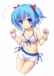 Rule 34 | 1girl, ahoge, bad id, bad pixiv id, bikini, bikini shorts, blue eyes, blue hair, blush, bracelet, clenched hands, front-tie top, highres, jewelry, liong, looking at viewer, matching hair/eyes, navel, shiny skin, short hair, shorts, solo, swimsuit, thigh gap, twintails, white bikini