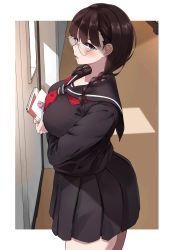 Rule 34 | 1girl, 96nokimihito, absurdres, black sailor collar, black serafuku, black skirt, braid, breasts, brown hair, commentary request, glasses, highres, holding, jimiko, large breasts, long sleeves, looking at viewer, mole, mole on neck, original, purple eyes, red neckwear, sailor collar, school uniform, serafuku, skirt, solo, thighs