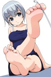 Rule 34 | 1girl, bare shoulders, barefoot, between toes, feet, foot focus, holding with feet, foreshortening, grey eyes, highres, matsunaga kouyou, original, shorts, silver hair, simple background, sitting, sleeveless, soles, solo, toes, white background