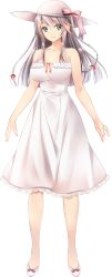 Rule 34 | 1girl, artwhirl mahou gakuen no otome-tachi, bare arms, breasts, ceres (artwhirl), cleavage, closed mouth, collarbone, dress, full body, green eyes, hair between eyes, high heels, highres, large breasts, long hair, looking at viewer, medium dress, pumps, shiny skin, sleeveless, sleeveless dress, smile, solo, standing, sundress, tachi-e, transparent background, white dress, white footwear, white hair, zinno