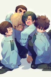 Rule 34 | 5boys, ^ ^, aged down, amuro tooru, black hair, black pants, blonde hair, blue eyes, blue shirt, brown hair, child, closed eyes, collared shirt, covered mouth, curly hair, dark-skinned male, dark skin, date wataru, echo (circa), green hair, grey background, hagiwara kenji, hair between eyes, laughing, long sleeves, looking at another, looking at viewer, looking back, male focus, matsuda jinpei, meitantei conan, multiple boys, open mouth, outstretched arms, oversized clothes, pants, police, police uniform, scotch (meitantei conan), shadow, shirt, shoes, short hair, sideways glance, simple background, sleeves past fingers, sleeves past wrists, spiked hair, squatting, standing, surrounded, thick eyebrows, uniform