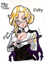 Rule 34 | 10s, 1girl, 2016, blonde hair, breasts, character name, cleavage, copyright name, dated, gengoro akemori, glasses, glynda goodwitch, rwby, signature, solo, sqengengoro