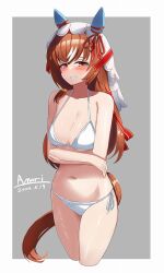 Rule 34 | 1girl, a.nori, animal ears, artist name, bikini, breasts, brown hair, cleavage, collarbone, commentary request, crossed arms, dated, grey background, hair between eyes, hair ornament, horse ears, horse tail, looking at viewer, navel, red eyes, simple background, small breasts, still in love (umamusume), swimsuit, tail, umamusume, veil