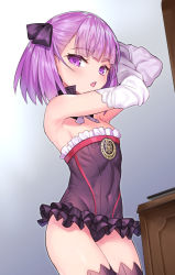 Rule 34 | 1girl, adjusting hair, armpits, bare shoulders, blunt bangs, blush, breasts, covered navel, detached collar, detached sleeves, dress, fate/grand order, fate (series), frilled skirt, frills, hair ribbon, helena blavatsky (fate), looking at viewer, matanonki, miniskirt, panties, purple dress, purple eyes, purple hair, purple thighhighs, ribbon, short dress, short hair, sideboob, skirt, small breasts, solo, standing, strapless, strapless dress, thighhighs, thighs, underwear