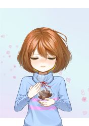 Rule 34 | 1other, absurdres, androgynous, bag, blonde hair, blue background, blue sweater, blush, bob cut, border, brown hair, closed eyes, closed mouth, colored inner hair, commentary, cookie, double horizontal stripe, food, frisk (undertale), gradient background, hair between eyes, heart, heart-shaped cookie, highres, holding, holding bag, holding cookie, holding food, letterboxed, lips, loose hair strand, multicolored hair, nose blush, outside border, pink background, pink sweater, plastic bag, shio toukou, short hair, standing, sweater, turtleneck, turtleneck sweater, two-tone hair, two-tone sweater, undertale, white border, white day, wind