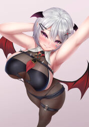 Rule 34 | 1girl, absurdres, aoi hinamori, arm up, blush, bodystocking, breasts, cross, from above, grey hair, hair ornament, head wings, highleg, highleg panties, highres, indie virtual youtuber, john zerowb, large breasts, latin cross, looking at viewer, low wings, panties, pointy ears, purple eyes, short hair, shorts, simple background, solo, thigh strap, underwear, virtual youtuber, wings