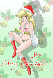Rule 34 | 1girl, bell, bikini, bikini bottom only, blonde hair, boots, breasts, censored, character request, commentary request, dated, full body, green eyes, hat, heart, heart censor, highres, holding, holding sack, jingle bell, knee boots, medium breasts, merry christmas, mistletoe, navel, sack, santa hat, signature, solo, swimsuit, topless, yakekuso tenshi, yoshiten
