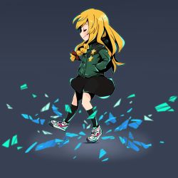 Rule 34 | 1girl, alternate costume, black skirt, black socks, blonde hair, blush, bow, buttons, closed eyes, closed mouth, commentary request, cookie (touhou), full body, gram 9, green jacket, grey background, hair bow, hands in pockets, jacket, kirisame marisa, long hair, nike (company), red bow, shoes, skirt, smile, sneakers, socks, solo, star (symbol), suzu (cookie), touhou, white footwear