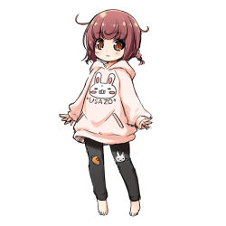 Rule 34 | 1girl, animal print, barefoot, black pants, blush, brown eyes, brown hair, commentary request, full body, hood, hood down, hoodie, kuwada yuuki, long sleeves, looking at viewer, original, pants, parted lips, pink hoodie, print hoodie, puffy long sleeves, puffy sleeves, rabbit print, short twintails, simple background, sleeves past wrists, solo, standing, twintails, white background