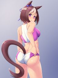 Rule 34 | 1girl, :o, adjusting clothes, alfort (may0508), animal ears, ass, back, bad id, bad pixiv id, bare shoulders, blush, bow, breasts, brown hair, hair bow, highres, horse ears, horse girl, horse tail, looking at viewer, looking back, medium breasts, multicolored hair, open mouth, purple eyes, short hair, solo, special week (umamusume), sports bikini, sweat, tail, track and field, two-tone hair, umamusume