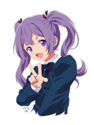 Rule 34 | 2019, 22/7, black bow, blue bow, bow, dated, fang, hair ornament, highres, long hair, pizza man, purple eyes, purple hair, school uniform, shirt, simple background, tojo yuki, twintails, upper body, v, white background