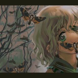 Rule 34 | 1girl, blouse, bright pupils, bug, chinese commentary, commentary request, covered mouth, frilled shirt collar, frills, green eyes, green hair, highres, insect, insect on face, komeiji koishi, letterboxed, looking at viewer, medium hair, moth, no headwear, one eye covered, plant, portrait, shirt, skull-shaped pupils, solo, symbol-shaped pupils, touhou, vines, white pupils, xuegejiba, yellow shirt