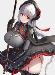 Rule 34 | 1girl, azur lane, black thighhighs, blush, braid, breasts, buttons, closed mouth, commentary request, epaulettes, frills, garter straps, gloves, hat, highres, holding, horns, large breasts, long hair, long sleeves, looking at viewer, manda (manda9n), necktie, nurnberg (azur lane), red eyes, silver hair, simple background, single braid, skirt, sword, thighhighs, thighs, weapon