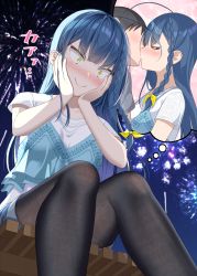 Rule 34 | 1boy, 1girl, aerial fireworks, ahoge, black pantyhose, blue camisole, blue hair, blue shorts, blush, braid, camisole, camisole over clothes, commentary request, constricted pupils, feet out of frame, fine fabric emphasis, fireworks, grey shirt, gurande (g-size), hair ribbon, hands on own face, hands up, hetero, highres, imagining, kiss, pantyhose under shorts, long hair, night, night sky, nose blush, original, outdoors, pantyhose, ribbon, shirt, short shorts, short sleeves, shorts, sitting, sky, thought bubble, very long hair, white shirt, yellow eyes, yellow ribbon