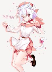 Rule 34 | 1girl, absurdres, animal ears, blush, bow, cat ears, cat girl, cat tail, dress, full body, gi end, hat, highres, looking to the side, nekoyama sena, pale skin, pink eyes, ribbon, tail, virtual youtuber, white hair, yumelive