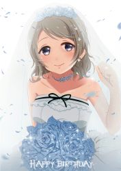 Rule 34 | 10s, 1girl, bare shoulders, blue eyes, blue flower, blue rose, blush, bouquet, breasts, bridal veil, bride, dress, flower, gloves, grey hair, hair flower, hair ornament, happy birthday, highres, jewelry, looking at viewer, love live!, love live! school idol festival, love live! sunshine!!, medium breasts, nacl (v virgo), necklace, petals, rose, short hair, smile, solo, strapless, strapless dress, upper body, veil, watanabe you, wedding dress, white dress, white gloves