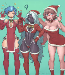 Rule 34 | 3girls, ?, abs, bell, neck bell, big hair, blue hair, breasts, brown hair, character request, china dress, chinese clothes, choker, christmas, cleavage, commentary, copyright request, dark skin, dark-skinned female, dress, english commentary, fur-trimmed dress, fur-trimmed gloves, fur-trimmed headwear, fur trim, glasses, gloves, grey hair, hat, highleg, highleg panties, highres, holding, holding sack, jingle bell, large breasts, long hair, looking at viewer, medium breasts, multiple girls, nonneim, panties, red-framed eyewear, red choker, red dress, red gloves, red headwear, red legwear, red sports bra, ribbon choker, sack, santa costume, santa dress, santa gloves, santa hat, semi-rimless eyewear, short dress, short hair, side-tie panties, sports bra, thick thighs, thighhighs, thighs, toned, under-rim eyewear, underwear, v, very dark skin, very long hair