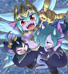 Rule 34 | &gt;:d, 3girls, :d, = =, armor, bikini armor, blue hair, breast press, breast rest, breasts, breasts on head, claws, colored skin, demon girl, demon horns, demon tail, fins, frost demon (p&amp;d), frost devil (p&amp;d), gauntlets, hair over one eye, hand on another&#039;s head, head fins, headpiece, hellice frost demon (p&amp;d), hooves, horns, ice, ice wings, m/, multiple girls, open mouth, pauldrons, purple skin, puzzle &amp; dragons, red eyes, sharp teeth, short hair, shoulder armor, smile, sweatdrop, tail, teeth, tokkyuu mikan, v-shaped eyebrows, wings