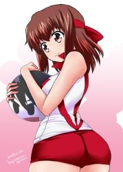 Rule 34 | 10s, 1girl, artist name, ass, ball, brown eyes, brown hair, character print, closed mouth, commentary request, cowboy shot, dated, from behind, fujimaru arikui, girls und panzer, headband, holding, isobe noriko, kondou taeko, looking to the side, one-hour drawing challenge, red headband, red shirt, red shorts, shirt, short hair, short shorts, shorts, sleeveless, sleeveless shirt, smile, solo, sportswear, standing, volleyball uniform