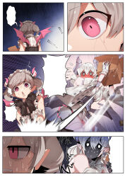 Rule 34 | 2girls, arianne the labrynth servant, blush, bow, box, comic, demon girl, demon horns, demon tail, demon wings, duel monster, embarrassed, fang, full-face blush, gloves, grey hair, highres, horns, long hair, lovely labrynth of the silver castle, maid, maid headdress, multiple girls, pink eyes, pointy ears, ro g (oowack), shaded face, sweat, nervous sweating, tail, twintails, wings, yu-gi-oh!