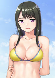 Rule 34 | 1girl, arm behind back, bare arms, bare shoulders, bikini, black hair, blue sky, breasts, cleavage, collarbone, day, hand on own arm, hashi, long hair, looking at viewer, medium breasts, original, outdoors, parted lips, purple eyes, sidelocks, sky, smile, solo, swimsuit, veins, veiny breasts, yellow bikini