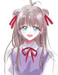 Rule 34 | 1girl, :d, ahma, antenna hair, blue eyes, blush, collared shirt, copyright request, double bun, hair bun, hair ribbon, highres, long sleeves, neck ribbon, open mouth, purple vest, red ribbon, ribbon, round teeth, shirt, silver hair, simple background, smile, solo, teeth, upper body, vest, white background, wing collar
