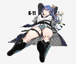 Rule 34 | 1girl, 20mm grenade, 20x30mm grenade, 20x30mm lv heab k167, 20x30mm lv p k168, airburst round, ammunition, anti-materiel cartridge, arms behind head, bad id, bad pixiv id, bandaid, bikini, black bikini, black footwear, blue hair, blush, breasts, buckle, cannon cartridge, character name, coat, collarbone, collared shirt, commentary request, cooler, dummy round, earrings, explosive, foreshortening, fragmentation grenade, fragmentation warhead, girls&#039; frontline, grenade, grenade cartridge, grey background, grey coat, hair between eyes, hair ornament, hairclip, high-explosive airburst round, high-explosive cartridge, highres, ihobus, jewelry, k11 (girls&#039; frontline), korean commentary, large-caliber cartridge, leather choker, long sleeves, looking to the side, lying, messy hair, military cartridge, multiple straps, name tag, on back, open mouth, partially unbuttoned, popped collar, pouch, precision-guided munition, red eyes, shirt, shorts, sidelocks, simple background, skindentation, smart grenade, solo, subsonic ammunition, swimsuit, thighs, white shirt