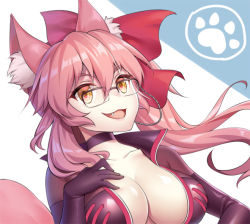 Rule 34 | 1girl, animal ears, bow, breasts, choker, cleavage, collarbone, eyewear strap, fang, fate/grand order, fate (series), fox ears, fox tail, glasses, hair bow, koyanskaya (assassin) (first ascension) (fate), koyanskaya (fate), large breasts, long hair, looking at viewer, open mouth, pink hair, sidelocks, skin tight, solo, tail, tamamo (fate), very long hair, yaxiya, yellow eyes