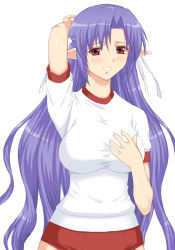 Rule 34 | 00s, 1girl, ai (tick! tack!), blush, breasts, buruma, fate/stay night, fate (series), gym uniform, half updo, impossible clothes, impossible shirt, large breasts, long hair, medea (fate), pointy ears, purple hair, shichimenchou, shirt, shuffle!, simple background, solo, tick! tack!