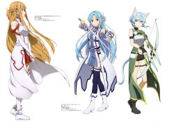 Rule 34 | 2girls, absurdres, animal ears, armor, artist request, asuna (sao), blue thighhighs, bow, cat, cat ears, cat tail, highres, holding, holding sword, holding weapon, long hair, multiple girls, sinon, sword, sword art online, tail, thighhighs, weapon, white armor, white thighhighs
