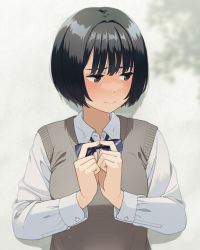 Rule 34 | 1girl, 3:, black bow, black hair, blush, bow, breasts, brown eyes, closed mouth, collared shirt, diagonal stripes, dress shirt, fingers together, long sleeves, looking away, looking to the side, mattaku mousuke, medium breasts, original, school uniform, shirt, short hair, solo, striped, striped background, sweater vest, twitter username, upper body, watermark, white shirt