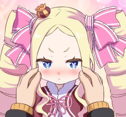 Rule 34 | 1boy, 1girl, :&lt;, beatrice (re:zero), blonde hair, blue eyes, blush, butterfly-shaped pupils, capelet, cheek pinching, closed mouth, commentary request, crown, drill hair, fur-trimmed capelet, fur trim, hair ribbon, long hair, looking at viewer, mini crown, multicolored background, natsuki subaru, nose blush, pinching, pink ribbon, re:zero kara hajimeru isekai seikatsu, red capelet, ribbon, s (hdru2332), sidelocks, sparkle, sparkle background, symbol-shaped pupils, track suit, twin drills