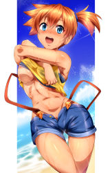 Rule 34 | 1girl, alternate color, areola slip, armpits, barefoot, bikini, bikini top only, blue bikini, blush, breasts, clothes lift, cloud, creatures (company), day, female focus, game freak, highres, looking at viewer, magukappu, misty (pokemon), nintendo, open mouth, orange hair, outdoors, pokemon, pokemon (anime), pokemon (classic anime), pokemon sm042, pokemon sm (anime), running, shiny skin, shirt lift, shoes, side ponytail, simple background, sky, smile, solo, stomach, swimsuit, talking, thigh gap, underboob, undressing, water, wet, white background, wide hips