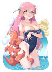Rule 34 | &gt; &lt;, 2girls, ahoge, animal costume, bare shoulders, blonde hair, blue one-piece swimsuit, bocchi the rock!, breasts, chen yang yang, chibi, chibi inset, cleavage, covered navel, cube hair ornament, gotoh hitori, hair between eyes, hair ornament, highres, ijichi nijika, large breasts, long hair, looking at viewer, multiple girls, ocean, octopus, old school swimsuit, one-piece swimsuit, open mouth, outside border, partially submerged, pink hair, school swimsuit, simple background, swimsuit, teeth, thighs, upper teeth only, wavy hair, white background