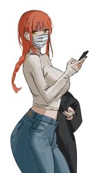 Rule 34 | 1girl, black nails, braid, braided ponytail, casual, cellphone, chainsaw man, denim, highres, holding, holding clothes, holding jacket, jacket, jeans, long hair, looking at viewer, makima (chainsaw man), mask, midriff peek, mouth mask, nail polish, pants, phone, red hair, ringed eyes, sketch, smartphone, solo, solraka, surgical mask, sweater, turtleneck, turtleneck sweater, yellow eyes