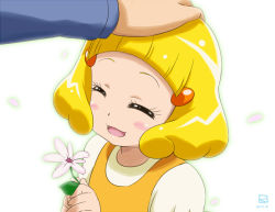 Rule 34 | 10s, 1girl, aged down, blonde hair, blush, child, closed eyes, dated, flower, hair ornament, hand on another&#039;s head, kise yayoi, kueru, miyahara takuya, open mouth, precure, smile, smile precure!