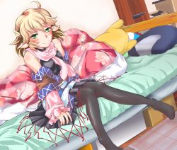 Rule 34 | 1girl, ahoge, b dome, bare shoulders, bed, black pantyhose, blonde hair, blush, female focus, green eyes, mizuhashi parsee, off shoulder, on bed, pantyhose, pointy ears, scarf, short hair, sitting, skirt, solo, touhou