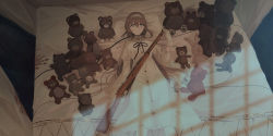 Rule 34 | 1girl, bed, black ribbon, blue eyes, bolt action, brown hair, canopy bed, chihuri, closed mouth, commentary request, dress, gloves, gun, hair between eyes, handprint, holding, holding gun, holding weapon, indoors, juliet sleeves, long hair, long sleeves, looking at viewer, lying, neck ribbon, on back, on bed, original, puffy sleeves, renata alekseevna tsvetaeva, ribbon, rifle, solo, stuffed animal, stuffed rabbit, stuffed toy, teddy bear, very long hair, weapon, weapon request, white dress, white gloves