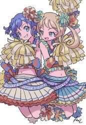 Rule 34 | 2girls, :d, arm up, blonde hair, blue eyes, blue hair, blue shirt, blue skirt, cheerleader, cropped shirt, detached sleeves, dorothy west, grin, hand on own hip, hand up, holding, holding pom poms, jumping, kiratto pri chan, long hair, looking at another, midriff, moegi emo, multiple girls, open mouth, pleated skirt, pom pom (cheerleading), pom poms, pretty series, pripara, rituyama1, shirt, short hair, signature, simple background, skirt, smile, twintails, white background, yellow skirt