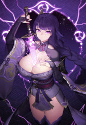Rule 34 | 1girl, absurdres, braid, breasts, bridal gauntlets, cleavage, closed mouth, cowboy shot, drawing sword, electricity, genshin impact, highres, holding, holding sword, holding weapon, human scabbard, japanese clothes, kimono, large breasts, long hair, looking at viewer, low-braided long hair, low-tied long hair, mitsudomoe (shape), mole, mole under eye, morung, neck ribbon, obi, purple eyes, purple hair, purple kimono, purple thighhighs, raiden shogun, ribbon, sash, solo, sword, thighhighs, tomoe (symbol), very long hair, vision (genshin impact), weapon, wide sleeves