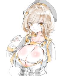 Rule 34 | 1girl, :p, ahoge, anis (nikke), beret, black jacket, breasts, cleavage, collarbone, crop top, fingerless gloves, gloves, goddess of victory: nikke, grey gloves, grey shirt, hat, highres, holding, ishitsuki merokoa, jacket, large breasts, light brown hair, multicolored clothes, multicolored jacket, orange jacket, shirt, short hair, solo, tongue, tongue out, two-tone jacket, yellow eyes