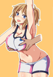 Rule 34 | 10s, 1girl, arm up, armpits, blue eyes, breasts, brown hair, comord, covered erect nipples, grabbing, grabbing another&#039;s breast, grabbing from behind, groin, groping, gundam, gundam build fighters, gundam build fighters try, highres, hoshino fumina, huge breasts, male hand, midriff, navel, no panties, open mouth, ponytail, shorts, simple background, solo focus, standing, sweat, tank top, tears