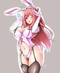 Rule 34 | 10s, 1girl, ahoge, animal ears, arms up, bad id, bad twitter id, black thighhighs, breasts, bunny ears gesture, buttons, cleavage, curvy, elbow gloves, fake animal ears, female focus, garter straps, gloves, hacka doll, hacka doll 2, large breasts, long hair, looking at viewer, midoriiro no shinzou, one eye closed, open mouth, pink hair, rabbit ears, rabbit pose, red eyes, simple background, solo, thick thighs, thighhighs, thighs, white gloves, wide hips