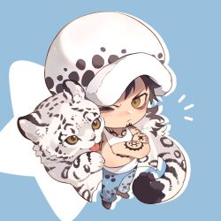 Rule 34 | 1boy, arm tattoo, black footwear, black hair, blue background, blue pants, brown eyes, chest tattoo, chibi, chibi only, crossed arms, denim, facial hair, goatee, hand tattoo, hat, highres, jeans, looking at another, one eye closed, one piece, pants, shoes, short hair, snow leopard, star (symbol), tank top, tattoo, tongue, tongue out, trafalgar law, white hat, white tank top, xuchuan