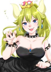 Rule 34 | 1girl, bare shoulders, black collar, black dress, black leotard, black nails, blonde hair, blue eyes, bowsette, breasts, choker, cleavage, collar, commentary, crown, dress, fangs, highres, horns, jewelry, large breasts, leotard, long hair, looking at viewer, mario (series), nail polish, necklace, new super mario bros. u deluxe, nintendo, ponytail, solo, spiked collar, spikes, super crown, tongue, upper body, wae (mameriko5875)