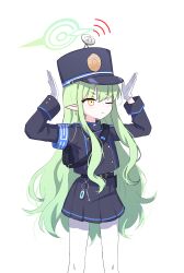 Rule 34 | 1girl, absurdres, black hat, black shirt, black skirt, blue archive, blush, character request, closed mouth, earrings, feet out of frame, gloves, green hair, green halo, halo, hat, highres, jewelry, kiroshi, long hair, long sleeves, pantyhose, peaked cap, pleated skirt, pointy ears, shirt, simple background, skirt, solo, white background, white gloves, white pantyhose, yellow eyes