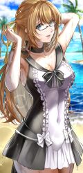 Rule 34 | 1girl, absurdres, beach, black eyes, bow, breasts, brown hair, choker, cleavage cutout, clothing cutout, coconut tree, commission, delsaber, dress, glasses, hair bow, highres, large breasts, looking at viewer, ocean, original, outdoors, palm tree, sand, skeb commission, smile, solo, sun glare, tree